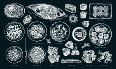 Hand-drawn healthy food vector illustration collection. Vintage edible seaweed dishes sketches with names on chalkboard. Asian cuisine menu design elements in engraved style